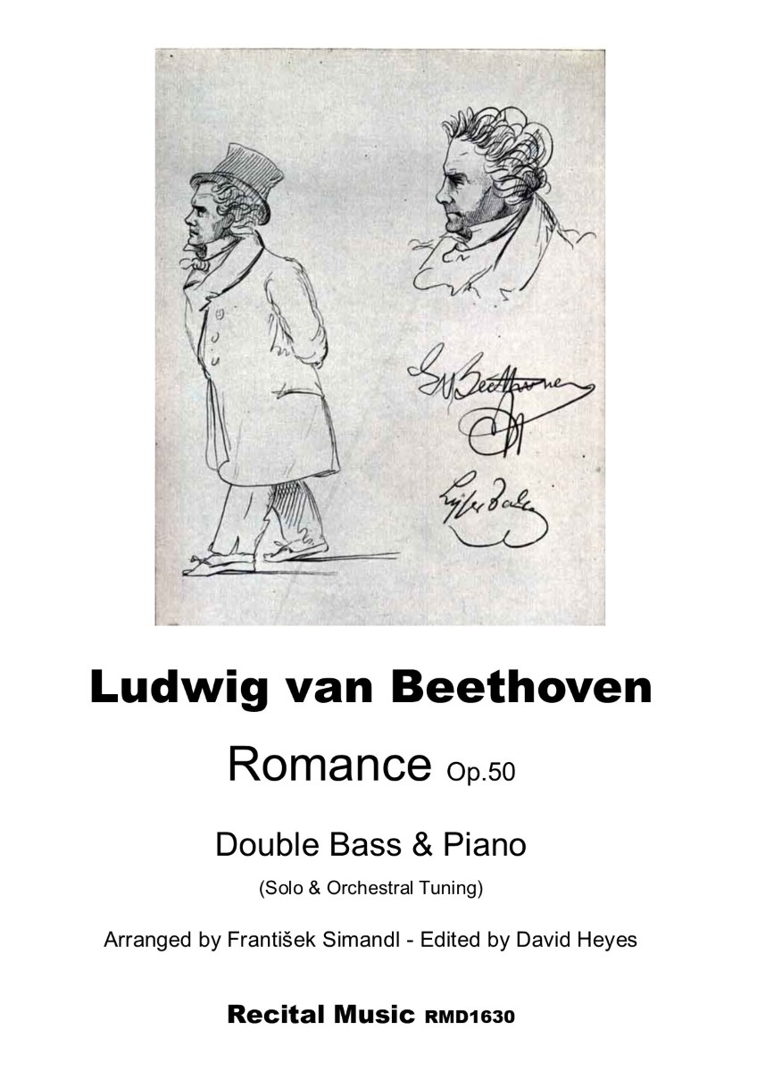 A black and white sketch featuring two profiles of Ludwig van Beethoven and his signature, alongside the title and arrangement details for "Ludwig van Beethoven Romance Op.50 Double Bass & Piano (Solo & Orchestral Tuning) Arranged by František Simandl - Edited by David Heyes Recital Music RMD1630.